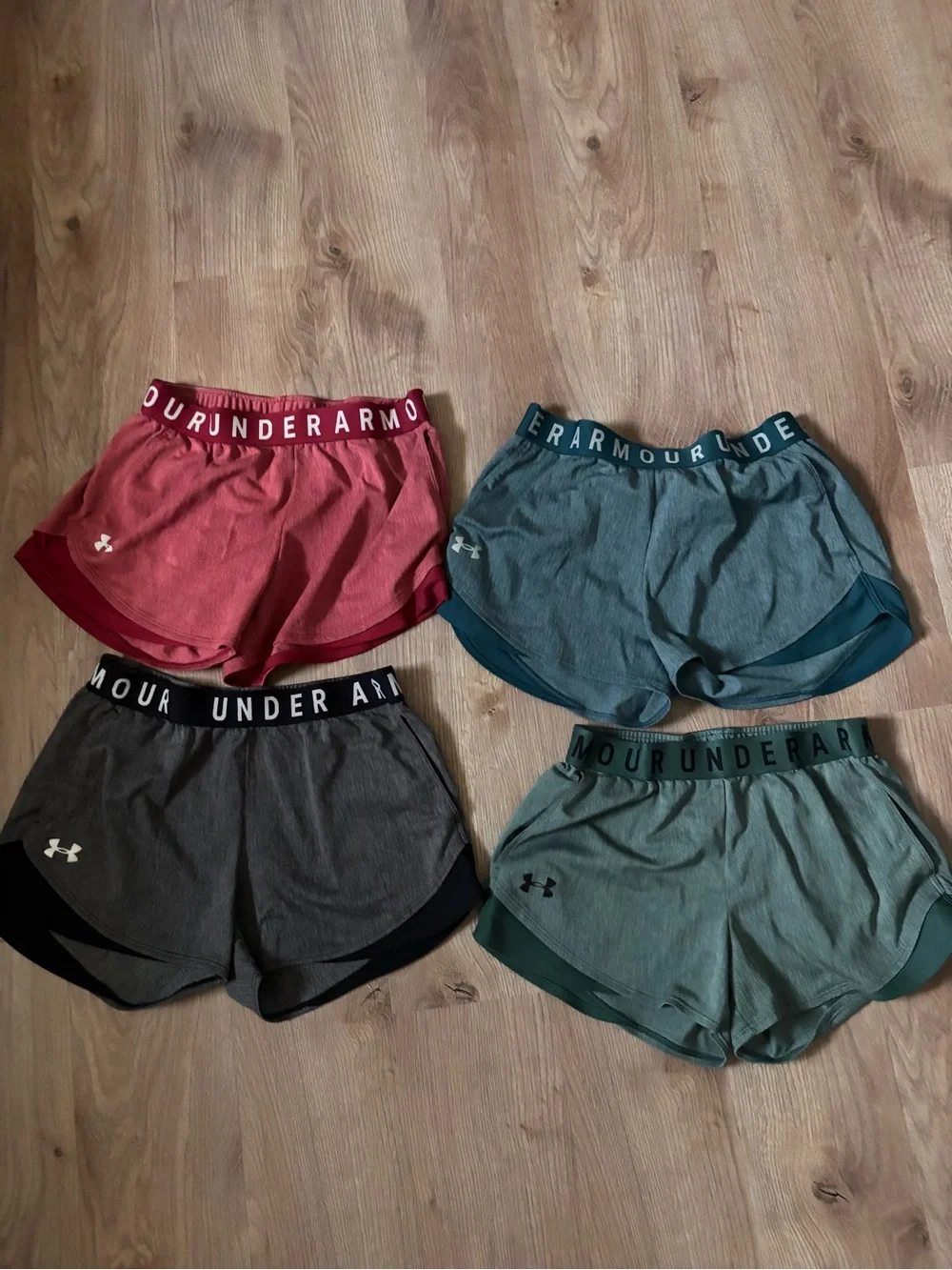SALE! Under Armour Women's 4-Pack Athletic Shorts - Red, Teal, Gray, Green - Picture 1 of 9